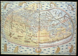 Mapa do mundo, baseado em descrições e coordenadas dadas em &39;Geographia&39;, publicado pela primeira vez em Ulm, Alemanha (gravura colorida à mão)